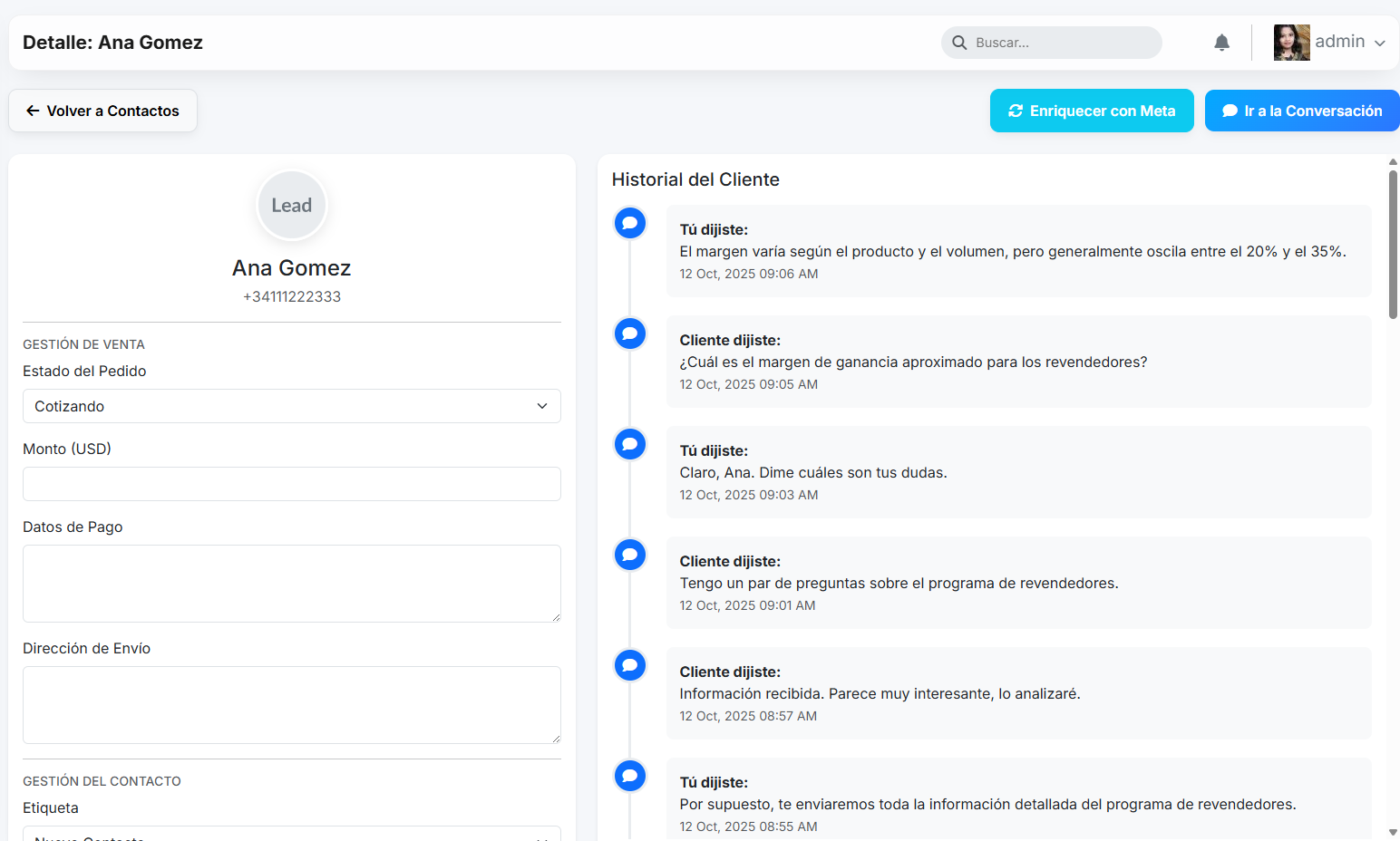 Perfil de contacto con historial y notas en ConnectLabs